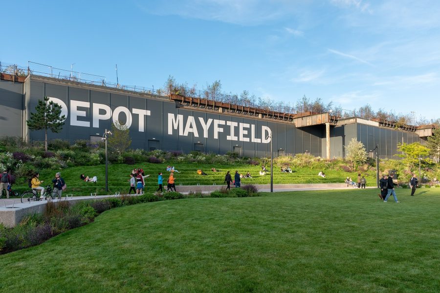Mayfield Park in Manchester with the Depot Mayfield sign behind it