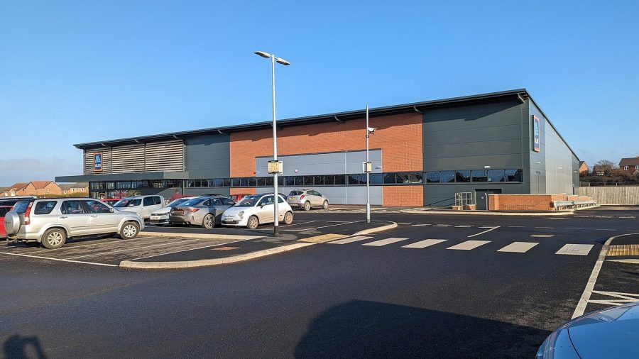 A new Aldi supermarket and its car park in England