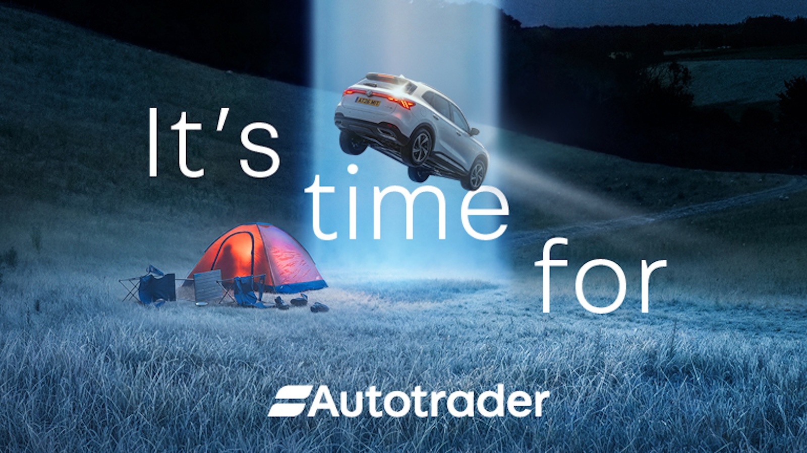 Autotrader key visual of a car lifted into the sky above a tent, with the line It's time for Autotrader