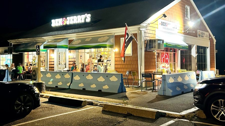 A Ben & Jerry's scoop shop at night