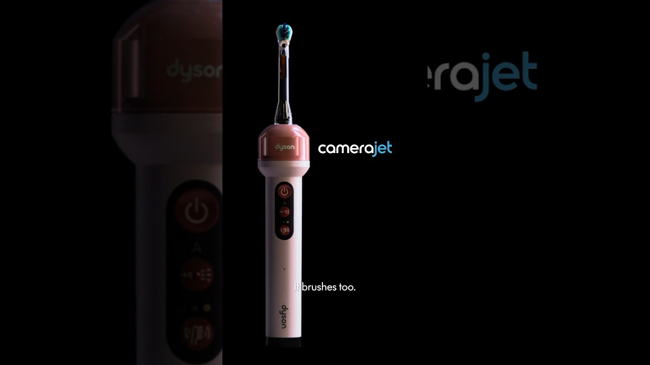 The Dyson CameraJet electric toothbrush shown against black in the launch advert