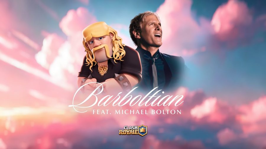 Michael Bolton singing beside the animated Barbarian in Clash Royale's Barboltian music video
