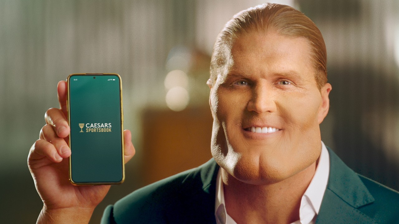 Clay Matthews with an exaggerated looksmaxxing makeover in Caesars Sportsbook's We've Had Some Work Done campaign