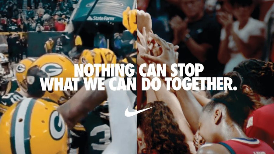 Split-screen frame from Nike's You Can't Stop Us, two athletes from different sports completing one movement