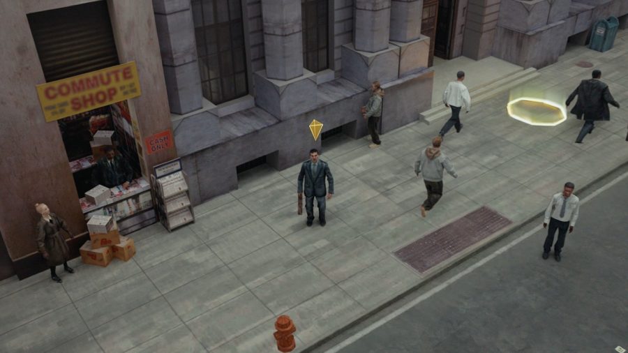 An office worker stands on a game-like city street in Coinbase's Your Way Out