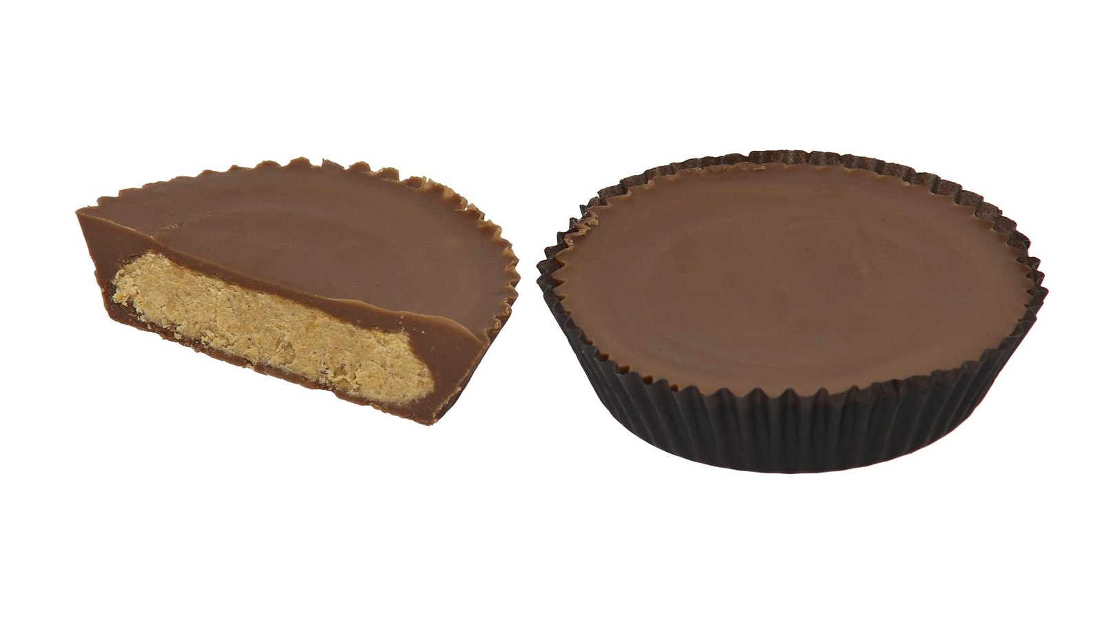 Two Reese's Peanut Butter Cups, one cut in half