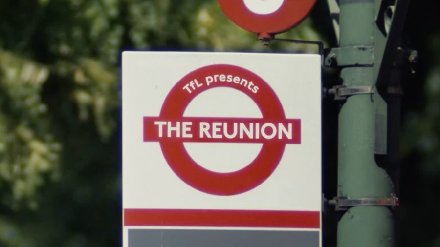 A London bus stop sign reworked to read TfL presents The Reunion