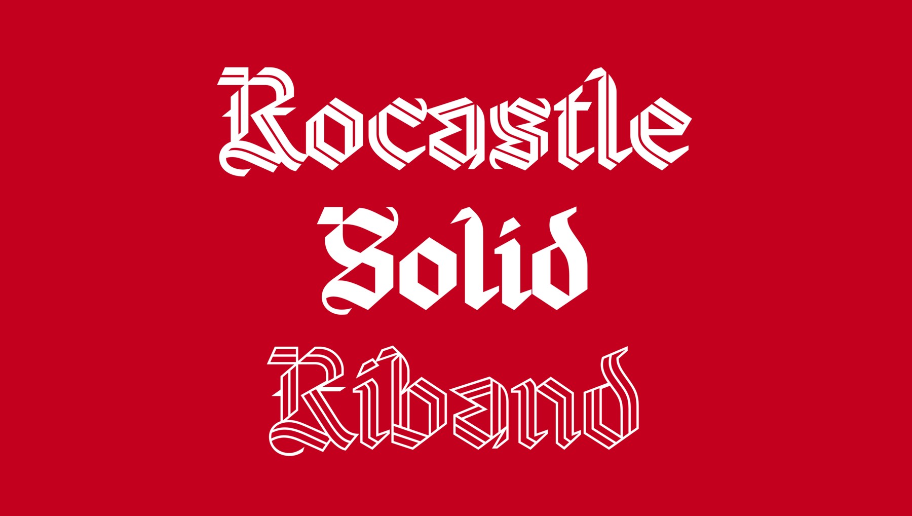 The Rocastle typeface shown in its Rocastle, Solid and Riband styles in white on Arsenal red