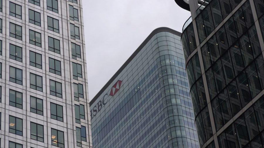 The HSBC tower among the skyscrapers of Canary Wharf, London