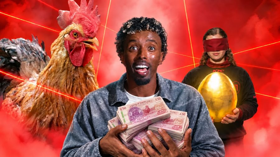 A contestant holds stacks of £50 notes beside a golden egg and a cockerel in KFC's Don't Crack