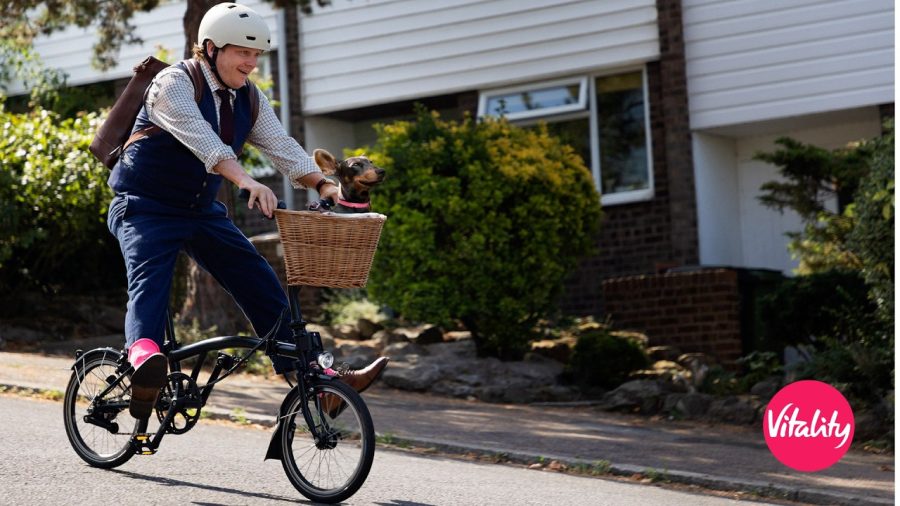 A cyclist with Stanley the dachshund in his bike basket in Vitality's advert