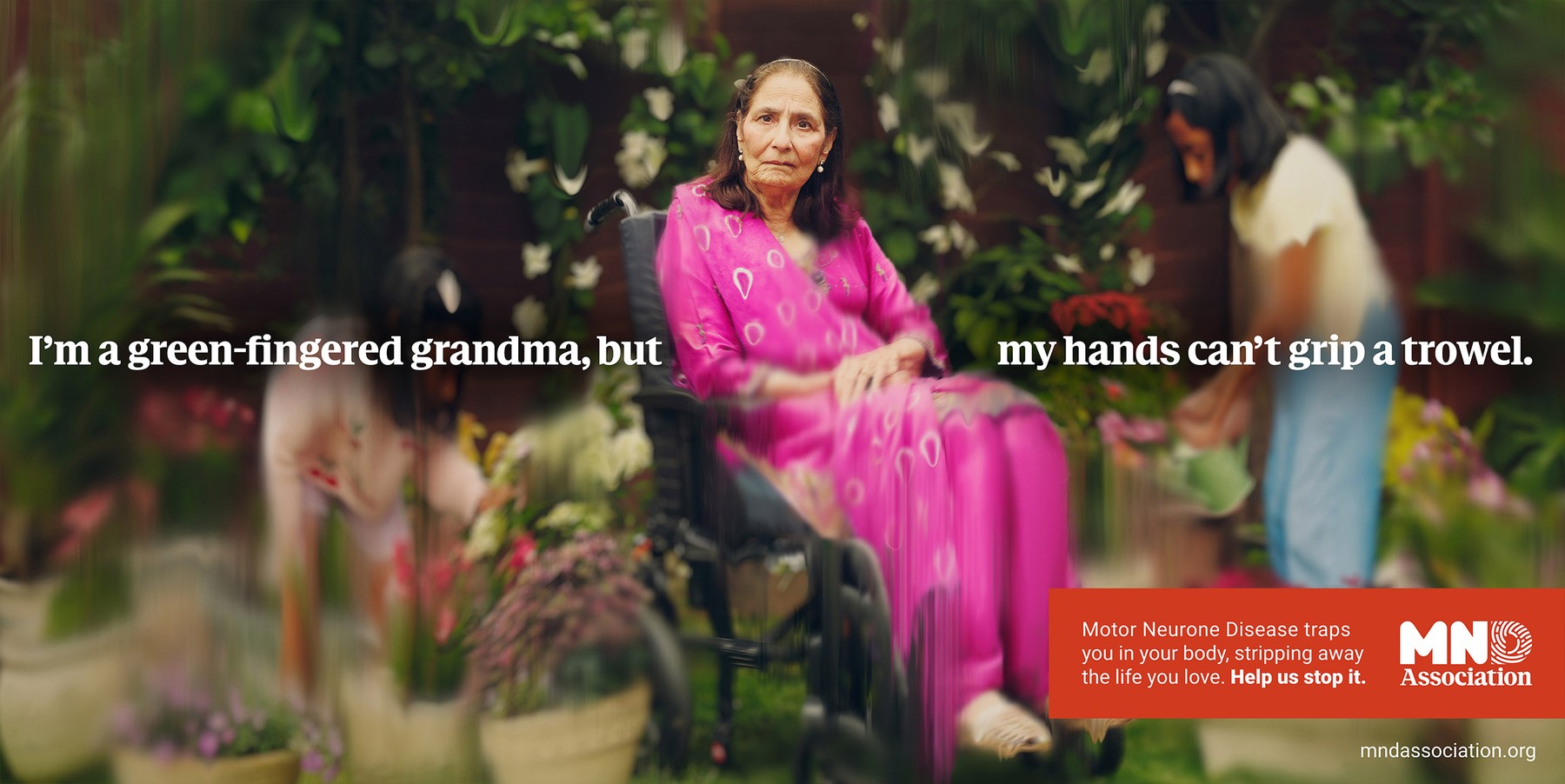 MND Association poster of Tahira Chaudhry in a garden, with the line I'm a green-fingered grandma, but my hands can't grip a trowel